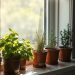 A sunny kitchen windowsill with pots of various herbs like basil, rosemary, and thyme.