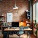 A stylish industrial chic home office featuring a wooden desk, modern chair, exposed brick wall, and plants.