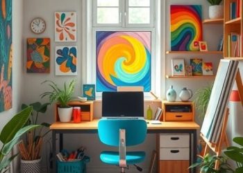 A colorful artistic studio featuring a desk with a computer, vibrant wall art, plants, and a cozy rug.