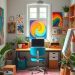 A colorful artistic studio featuring a desk with a computer, vibrant wall art, plants, and a cozy rug.