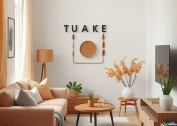 A cozy small living room featuring soft beige rugs and warm textiles, with plants and stylish furniture.