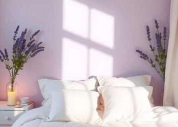 Cozy bedroom with soft lavender walls and white bedding, accented by lavender flowers.