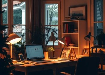 A cozy home office with soft lighting, featuring a desk, laptop, and plants.