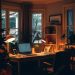 A cozy home office with soft lighting, featuring a desk, laptop, and plants.