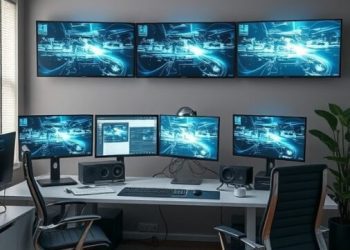 A modern home office with multiple monitors displaying futuristic graphics, sleek furniture, and a touch of greenery.