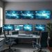 A modern home office with multiple monitors displaying futuristic graphics, sleek furniture, and a touch of greenery.