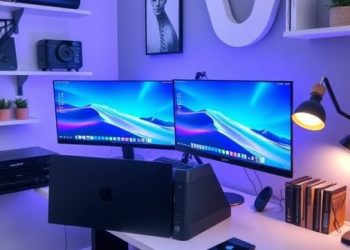 A modern tech-savvy home office with dual monitors, a sleek desk, ambient lighting, and organized shelves.