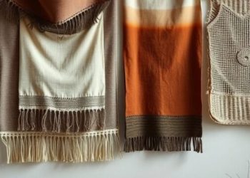 A stylish display of textured fabric wall hangings in warm colors.