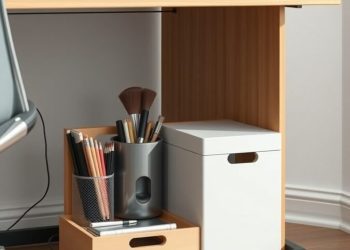 A tidy under-desk storage setup featuring wooden drawers and a white box for organization.