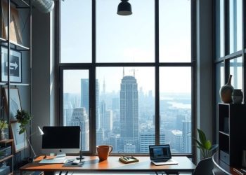 A modern urban loft office with large windows showcasing a city view, featuring stylish desks and industrial design elements.