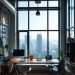 A modern urban loft office with large windows showcasing a city view, featuring stylish desks and industrial design elements.