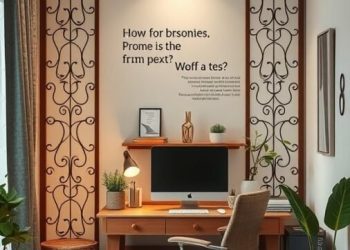 A stylish home office setup with a room divider, desk, and decorative plants.