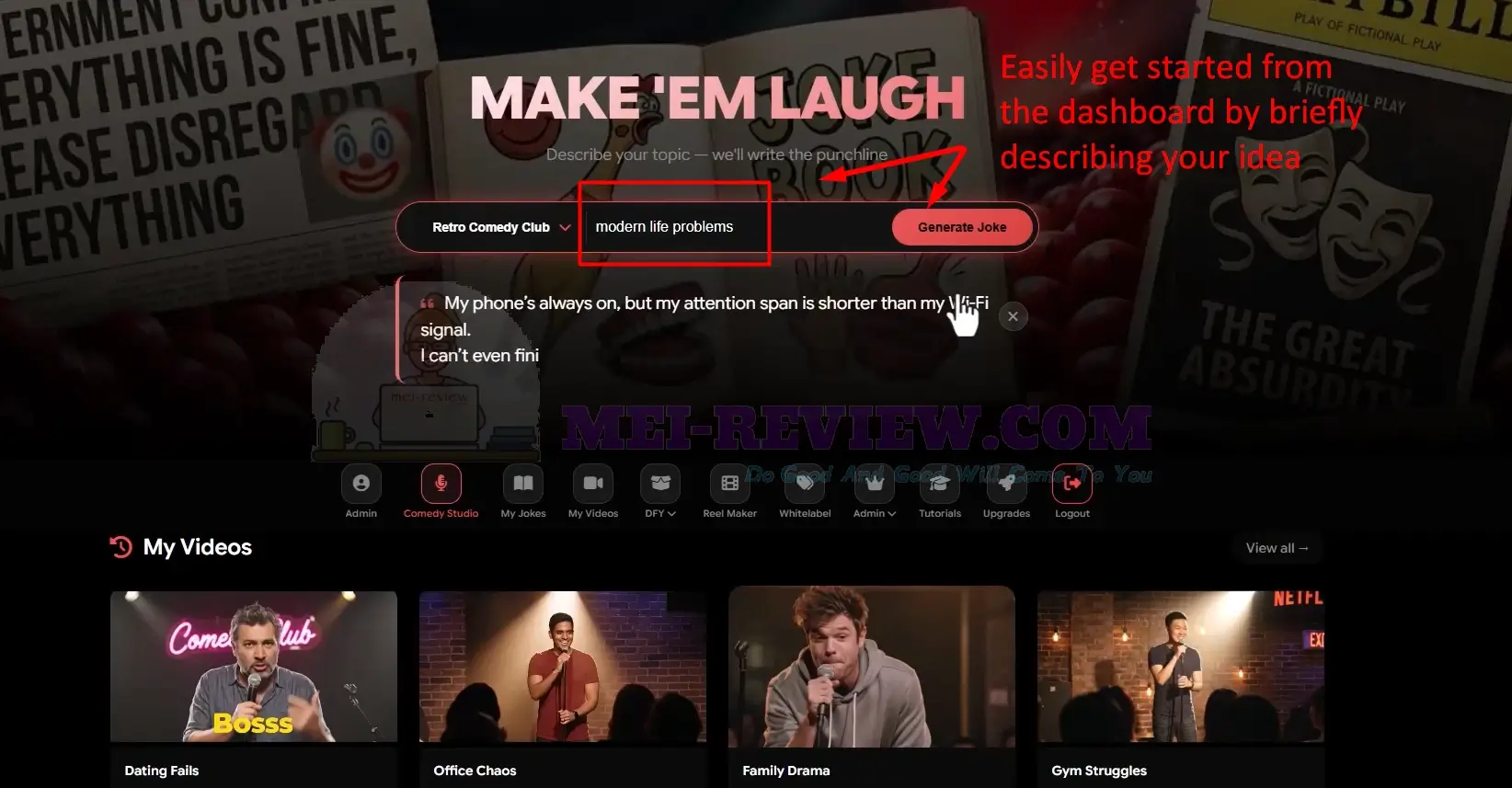 Now let’s log into AI Standup and create a few comedy videos step by step. Step 1: Generate the punchline Start by choosing a theme for your video, such as Retro Comedy Club. Then enter a few words to describe your idea. Within seconds, the AI comes up with a punchline that fits the context and sounds natural. Step 2: Pick a style Next, browse through the available templates and select a character that matches your idea. Each template comes with its own look and performance style, so you can quickly find one that fits. Step 3: Generate the video Once you’ve chosen your template, click “Create.” You can use the AI-generated joke or replace it with your own. After that, hit “Generate” and let the system process everything. In just a few minutes, the video is ready. The final result looks like a real performance, with smooth visuals, natural delivery, and accurate lip sync. For another example, I tried a different style—Podcast Chimp. I followed the same steps: generate a punchline, select a character, and create the video. The process stays simple and consistent, no matter the style you choose. AI-Standup-Demo-1-dashboard