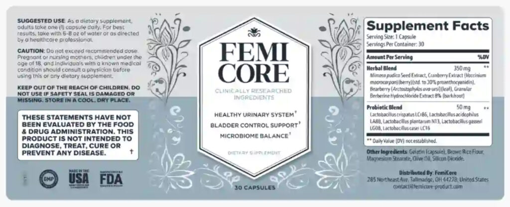 femicore ingredients label